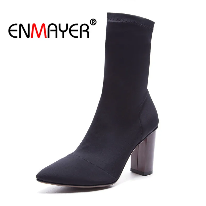 

ENMAYER New Woman Ankle boots Size 34-39 Pointed Toe Slip-on Stretch Fashion Boots for Women Spring and Autumn Thick heels CR650