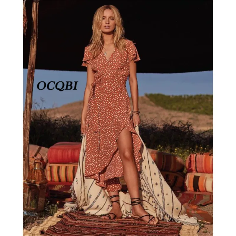 2019 Women Summer Bohemian Dot Beach Dress Casual Korean Sexy Fashion Midi Dress Plus Size
