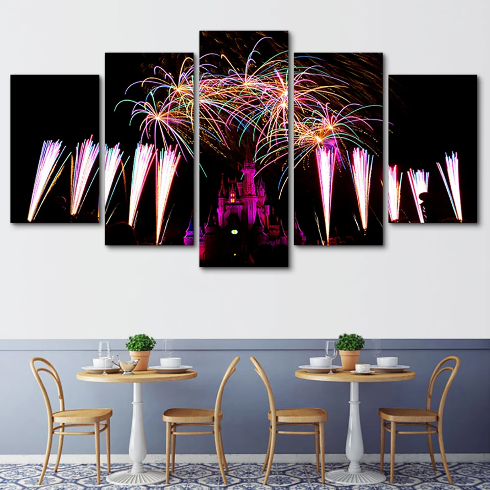 Picture Modern Painting Wall Art Modular Canvas 5 Panel Christmas Castle Fireworks Frame HD Print Living Room Poster Home Decor | Дом и сад