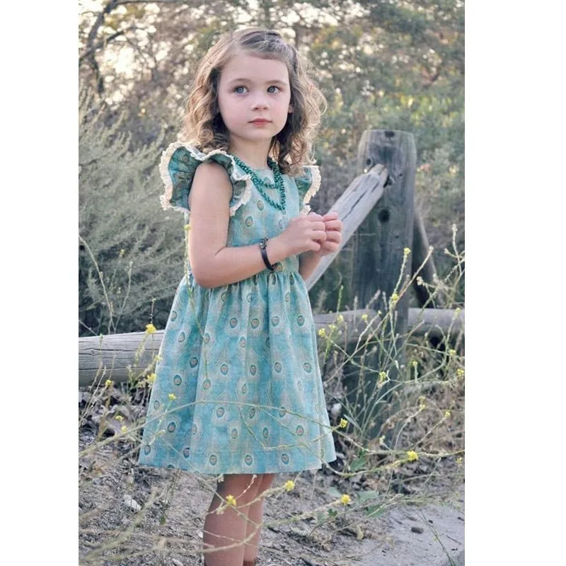 

Baby Girl European Style Dress Summer Cartoon New Fashion Dress for Girls Peacock Feathers Printed Princess Party Dress