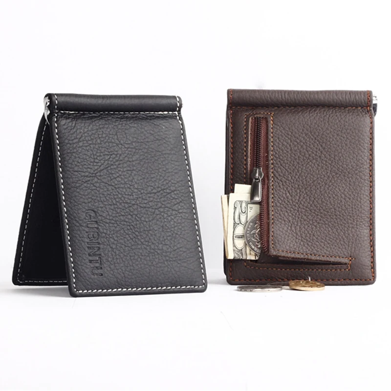 Genuine Leather Slim Money Clip Wallet For Men Purse With Coin Pocket ID Credit Card Slots Man Money Bag Black Coffee metal money clip