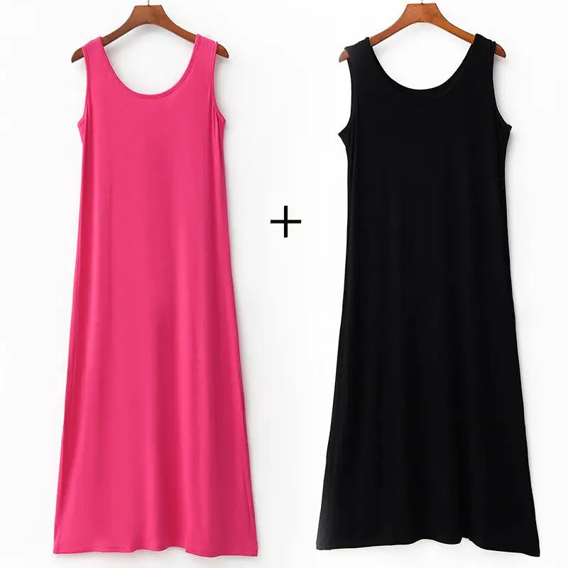 Женская Длинная Ночная рубашка из модала, летняя свободная Пижама размера плюс 3XL-6XL, ночная рубашка без рукавов, сексуальное нижнее белье, домашнее платье - Цвет: Black And Hot Pink