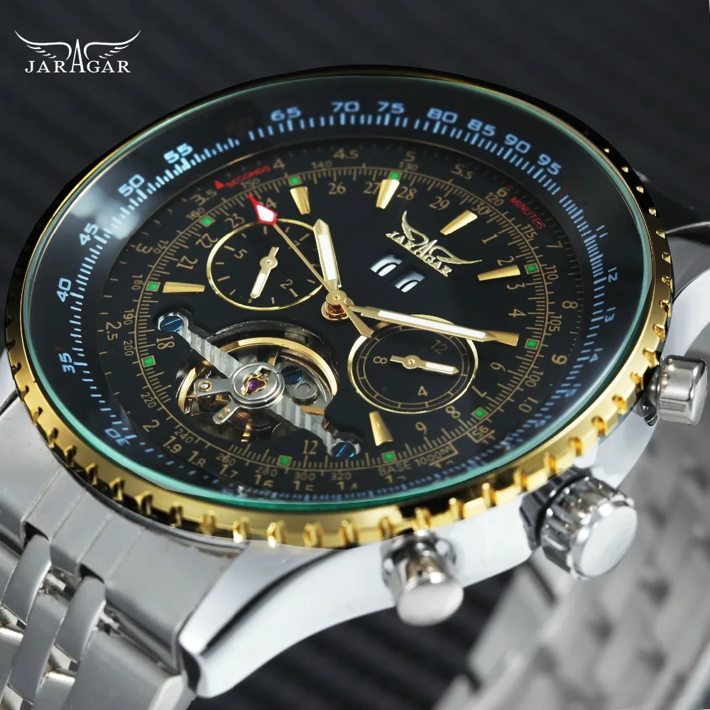 

JARAGAR Skeleton Tourbillon Mechanical Watch Men Working Sub-dials Calendar Top Brand Luxury Stainless Steel Strap Wrist Watches