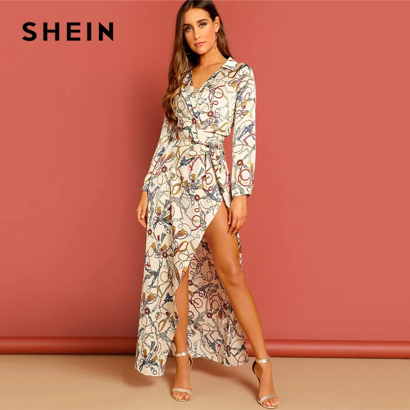 

SHEIN Multicolor Chain Print Twist Front Wrap Split Maxi Dress Women 2019 Spring A Line High Waist Fit and Flare Party Dresses