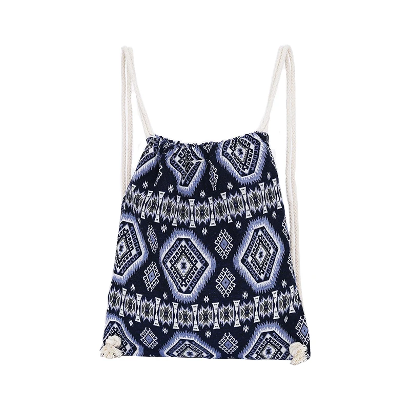 National Style Canvas Drawstring Backpack Vintage Ethnic School Bag