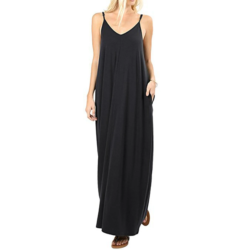 

YJSFG HOUSE Fashion Women V Neck Loose Pocket Maxi Dress Summer Beach Boho Long Dresses Sleeveless Sexy V-neck Dress Hot Sale