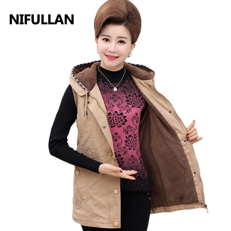 

NIFULLAN Women Autumn Spring Cotton Vest Waistcoat With Velvet Casual Mother Sleeveless Jacker Coat Plus Size 5XL Hooded Outwear