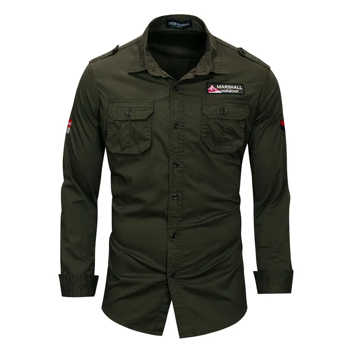 

100%Cotton Cargo Men Shirt Casual Long Sleeve Embroidery Solid Shirts Classic Military Shirt Men Camisa Social Masculina,FM115