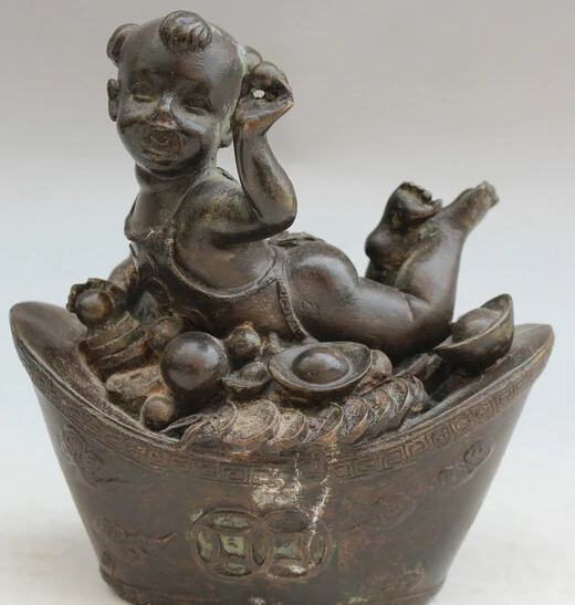 

JP S061 6" Old Chinese Bronze Feng Shui Yuan Bao Wealth Money Tong Zi Boy Lad Statue