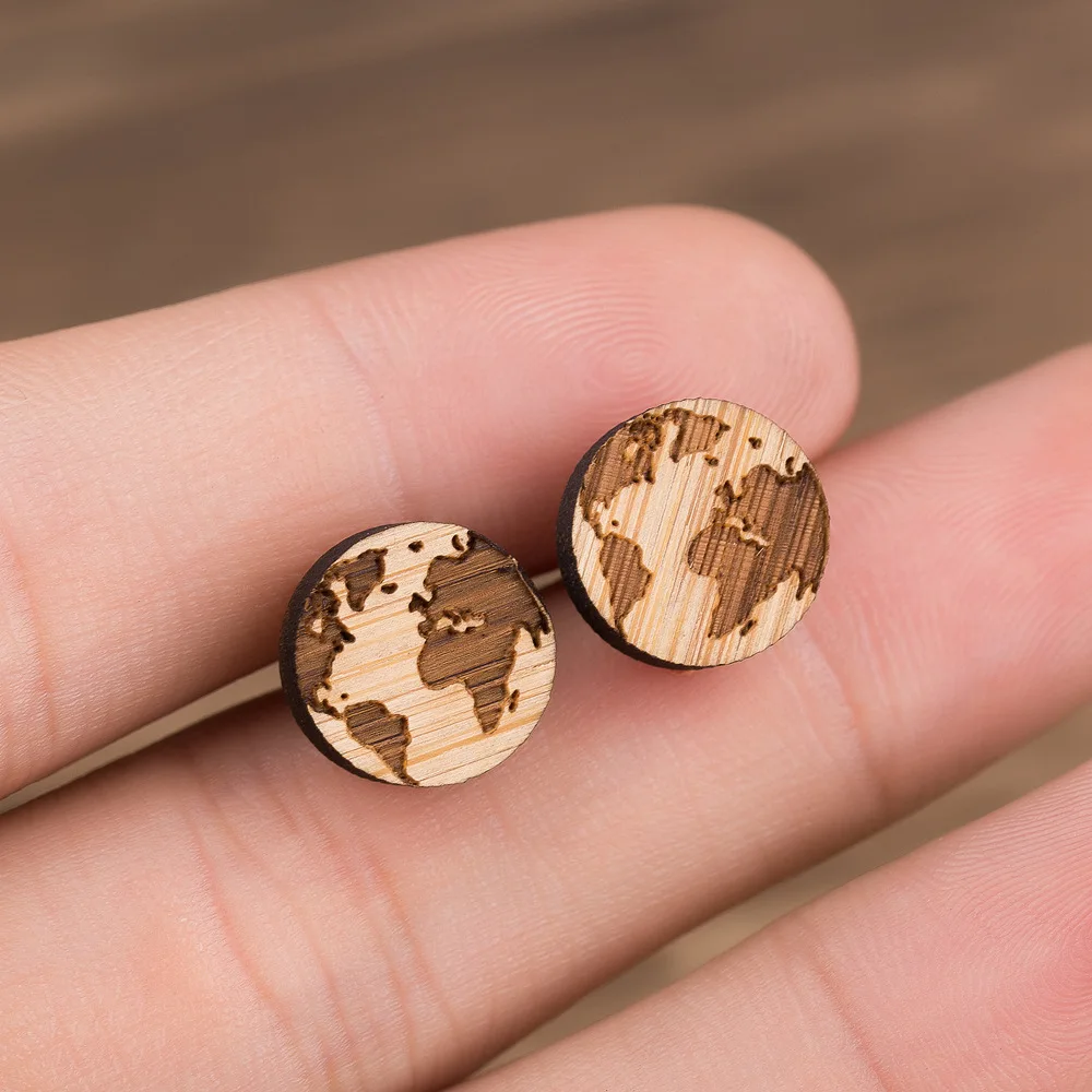 

Handmade Globe World Map Earrings for Women Men Jewelry Gift Geometric Round Wooden Earrings Female Christmas Accessories