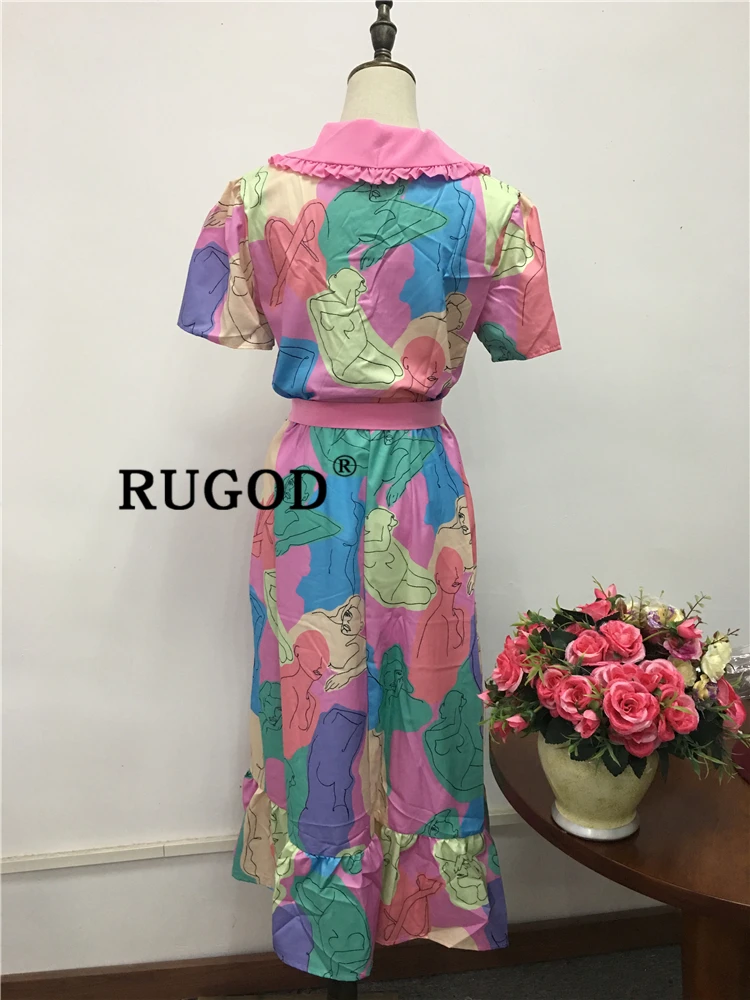 RUGOD Korean chici geometric printed women dress Elegant peter pan collar sweet ladies party dressss vestido Fashion pink dress