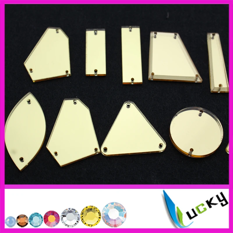 

100pcs Top quality GOLD color acryl sew on rhinestones with holes mix shaped mix sizes acrylic flat back mirror beads