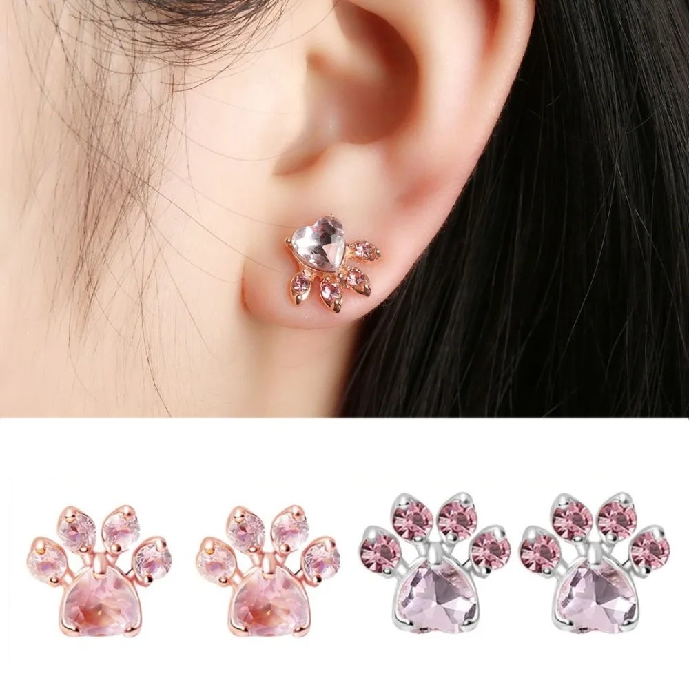 Милые собака и кошка лапки хрустальные серьги-гвоздики модные очаровательные Стразы Серебряные Золотые серьги femme bijoux
