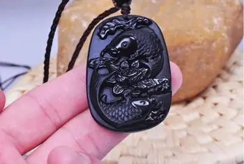 

Koraba Fine Jewelry Handmade Natural Obsidian Stone Hand Carved Fish with Lotus Good Luck Pendant Free Shipping