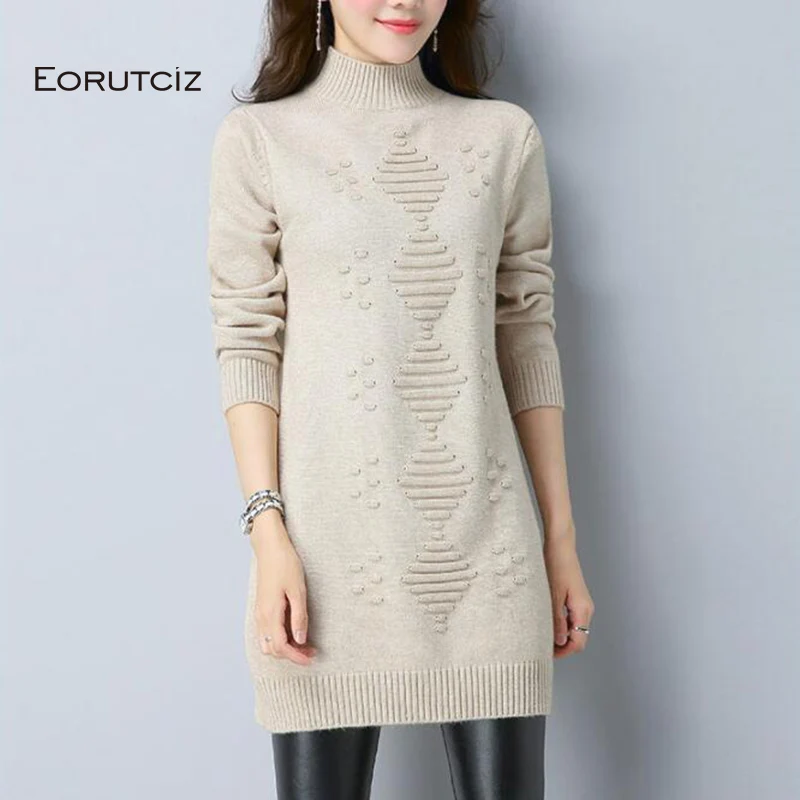 

EORUTCIZ Winter Plus Size 3XL Sweater Dress Women Knitted Turtleneck Basic Dress Tunic Autumn Long Sleeve Dress LM194