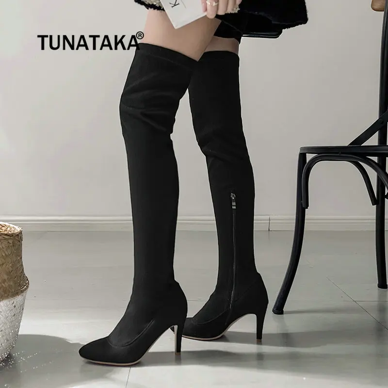 

Flock Sexy Thin High Heel Over The Knee Boots Fashion Side Zipper Pointed Toe Thigh Boots Winter Women Elastic Boots