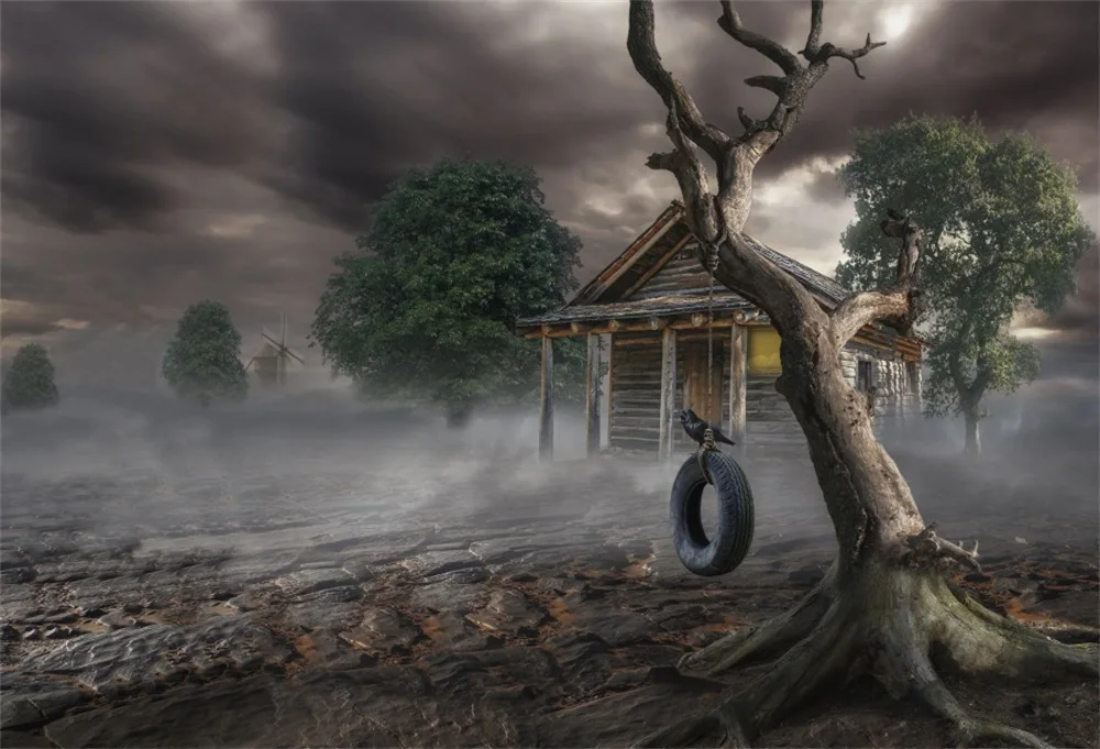 

Laeacco Countryside Wooden House Tree Fog Dusk Bird Photography Backgrounds Customized Photographic Backdrops For Photo Studio