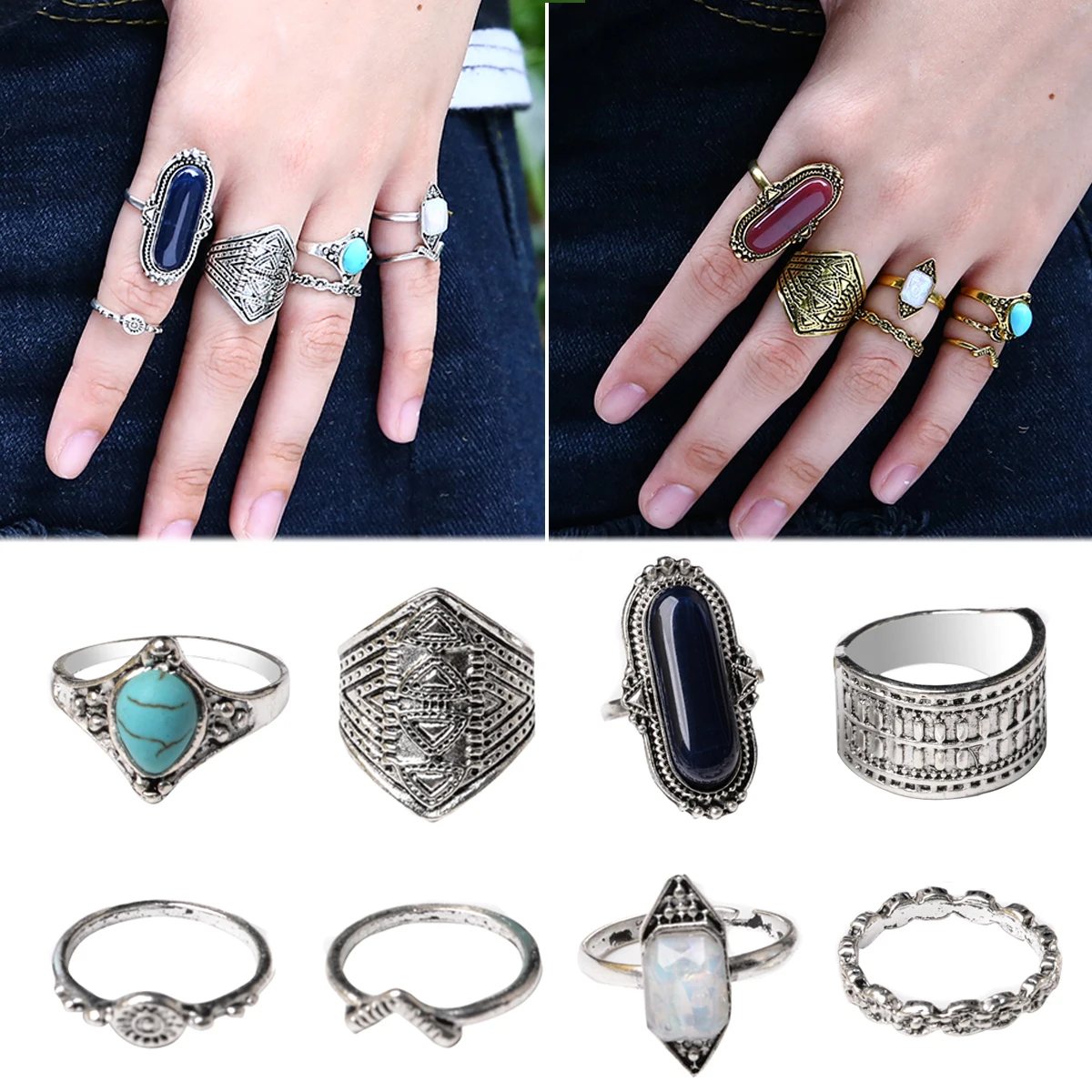 Bohemian Style 8pcs/Set Vintage Anti Silver Rings Retro Punk Midi Rings Set for Women Above Knuckle Finger Rings Fashion Jewelry