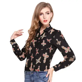 

Blouses Women Tops Turn-down Collar Print Chiffon Full Sleeve Casual Office Lady Blouses Single-Breasted Airy Tops
