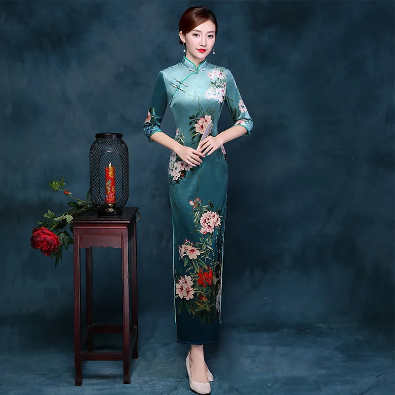 2017 Autumn Winter Qipao Long Cheongsam Dress Green Cheongsams Velour Traditional Chinese