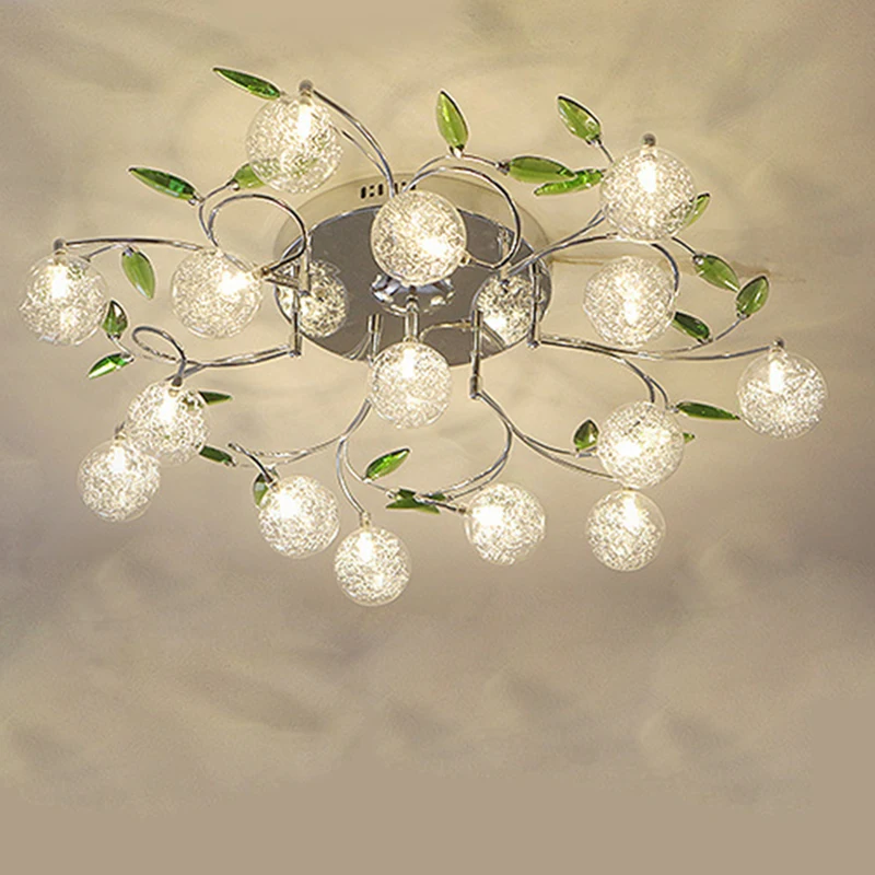 AC110V 220V modern Art design LED chandelier lustre aluminum wire lamp chandeliers crystal green leaf decor ceiling mount lights