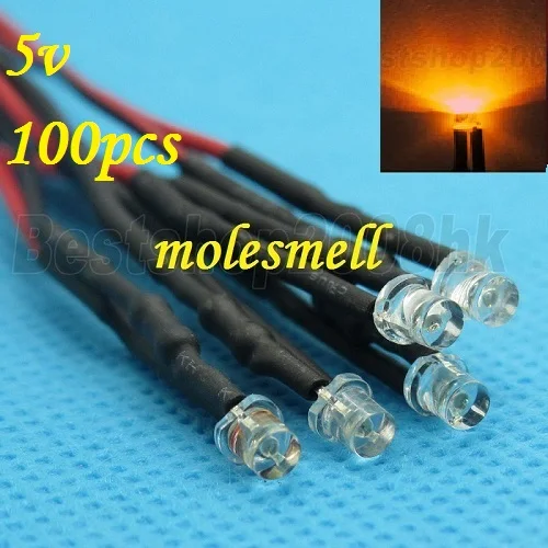 Conjunto de Luz de Lâmpada o Envio Gratuito de 100 dc com Fio Pces Laranja Pré-wired Grande – Angular 3mm 5v Led
