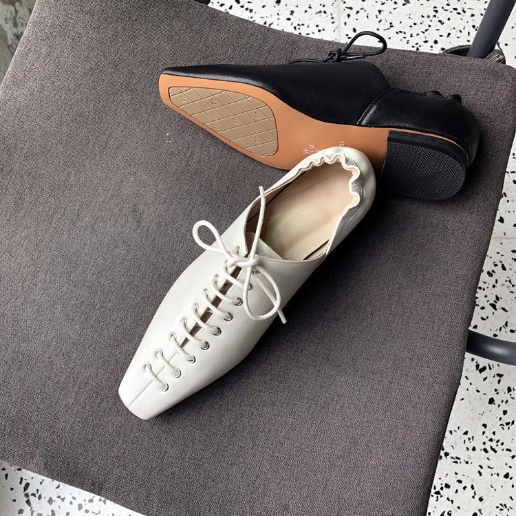2019 Loisirs Plat Carré Chaussures Mouton Vintage Femmes En Bout Lacent noir Beige De Cuir wwqPxfrp