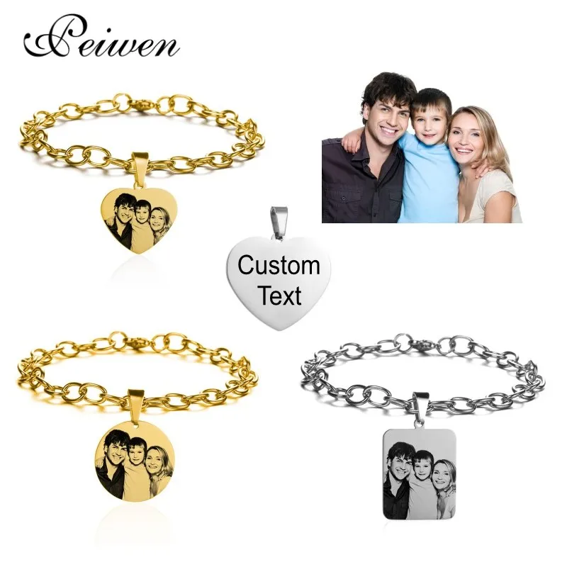 

Custom Engraving Photo Name Date Bracelets For Women Men Stainless Steel Heart Round ID Tag Personalized Customized Bangles Gift