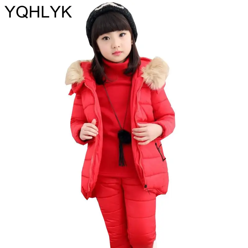 

New Fashion Winter Cotton Girl Suit 2017 Children Hooded Tops + Vest + Trousers Casual Warm Kids Clothes 3PSC Set W30