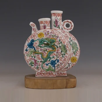 

Kangxi's annual pastel double dragon flower pattern moon pot antique porcelain old objects
