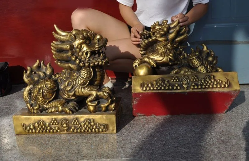 Рождественский китайский латунный по феншуй злой Единорог Kylin Chi-lin Shri pixiu пара статуй зверей Хэллоуин
