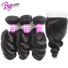 Bybrana Loose Wave Пучки с закрытием Бразильские волосы Пучки с закрытием Натуральный цвет Реми