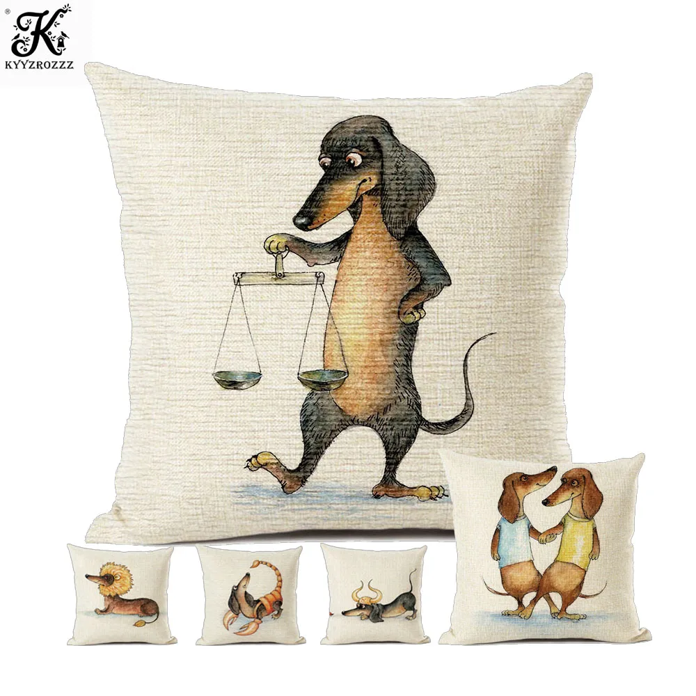 cheap 12 Zodiac Dachshund Dog Funny Throw Pillow Case For Children Room Comic Cartoon Sauage Dog Art Cute Sofa Cushion Cover 45x45 cm