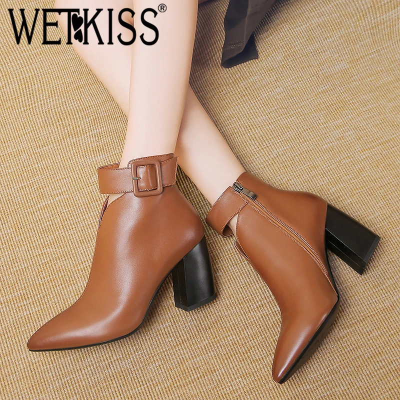 

WETKISS 2018 Ankle Strap Women Ankle Boots High Heels Boot Pointed Toe Ladies Party Shoes Autumn Genuine Leather Rubber Footwear
