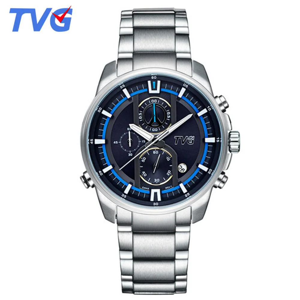 

TVG Men Watch Top Brand Luxury Sport Stainless Steel Fashion Waterproof Quartz Watch Multifunctional Calendar Display Wristwatch