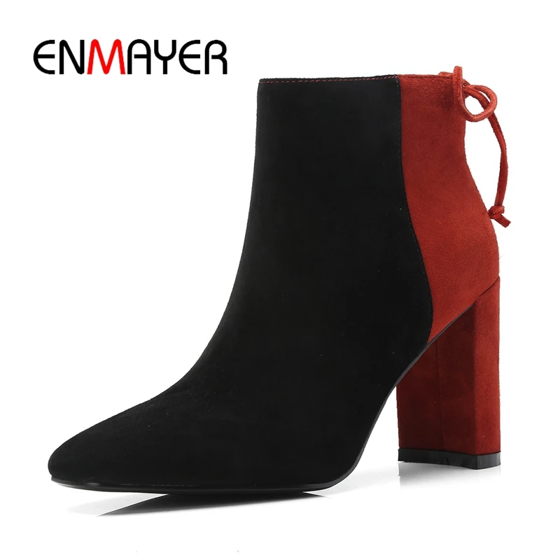

ENMAYER Women mixed color square heel high heel boots women boots square heel zipper boots Size 34-39 ZYL1002