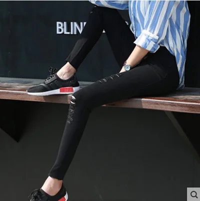 Женские рваные джинсы, весенние узкие брюки, серые, черные, обтягивающие, с потертостями, брюки с дырками, стрейчевые, вареные, брюки с высокой талией - Цвет: black many holes