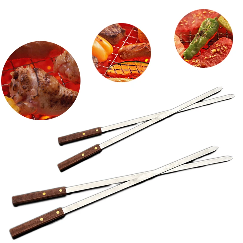 23 Inch Stainless Steel Flat Meat Metal Sticks With Wooden Handles