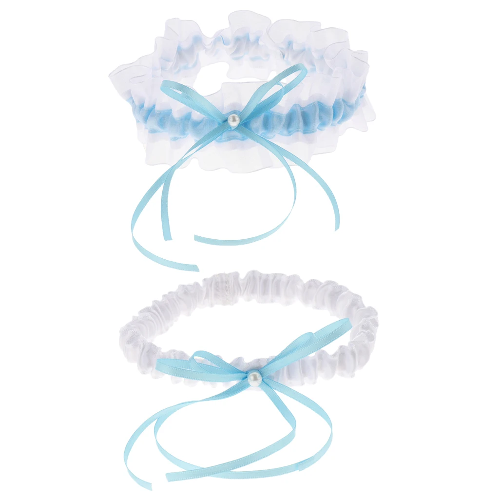 2pcs Elegant Bridal Garter Set Pearls Bow Satin Ribbon Garter Throwaway Toss Keepsake Wedding Accessories