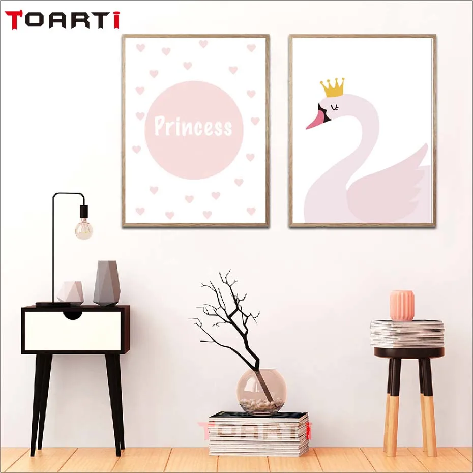 Pink Princess Flamigo Swan Cartoon Wall Art Poster Modern Canvas Painting For Nursery Kids Girl Bedroom Home Decor Wall Picture (5)
