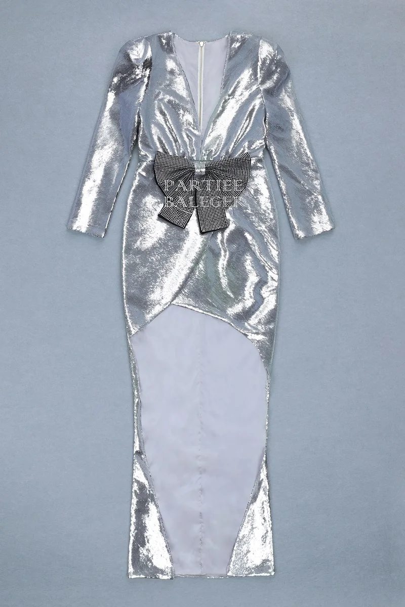 Новое поступление шикарные серебряные блестки бисером лук дизайн с длинными рукавами сексуальное Глубокий v-образный вырез знаменитостей вечерние Клубные Макси длинное платье