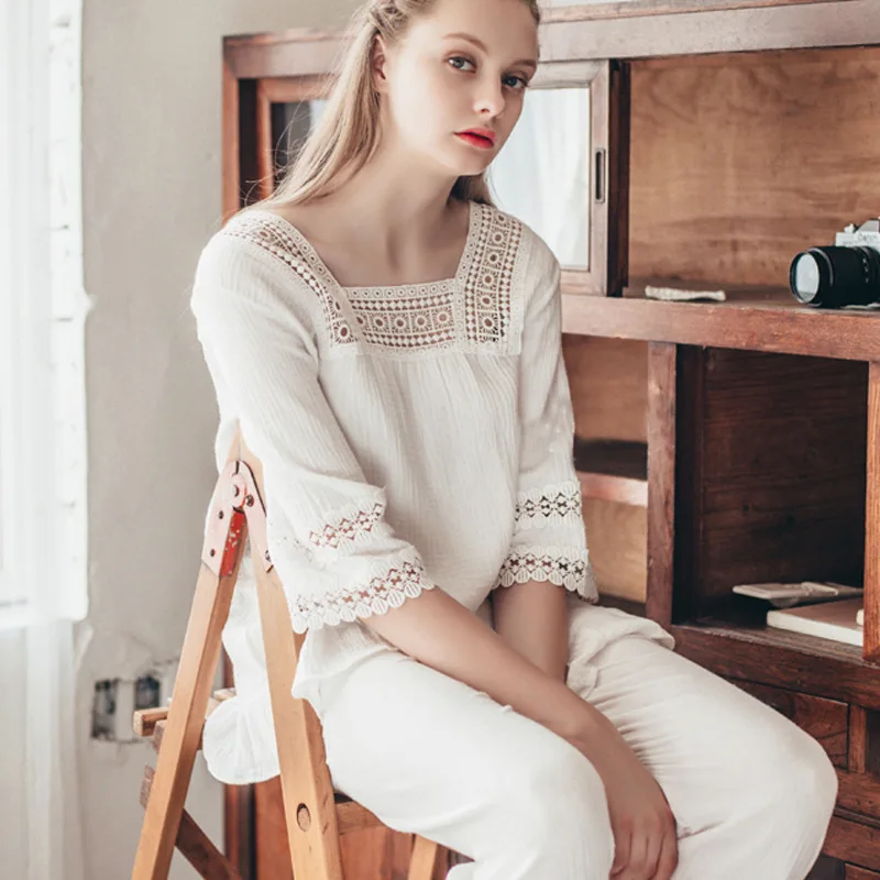 Free Shipping  New Summer Women's Pajamas Pants Set  White Sleepwear Cotton Nightgown Princess Nightshirt (1)