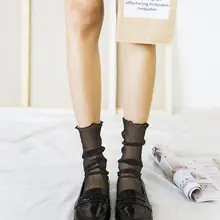 Женские корейские весенние винтажные блестящие тонкие длинные носки с круглым вырезом прозрачные с металлическим отливом сплошной цвет оборки отделка эластичные Чулочные изделия