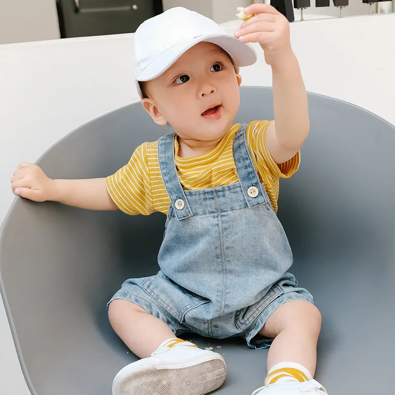 

Lemonmiyu Cotton Denim Baby Sets Infants Striped Summer Two-Piece Newborn Short Sleeve Tops and Jeans Overalls 1st Birthday Gift