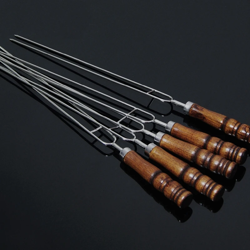 10pcs Row U BBQ roast barbecue High stainless steel needle and wooden handle Skewers for Camping and Kitchen Dining Tools