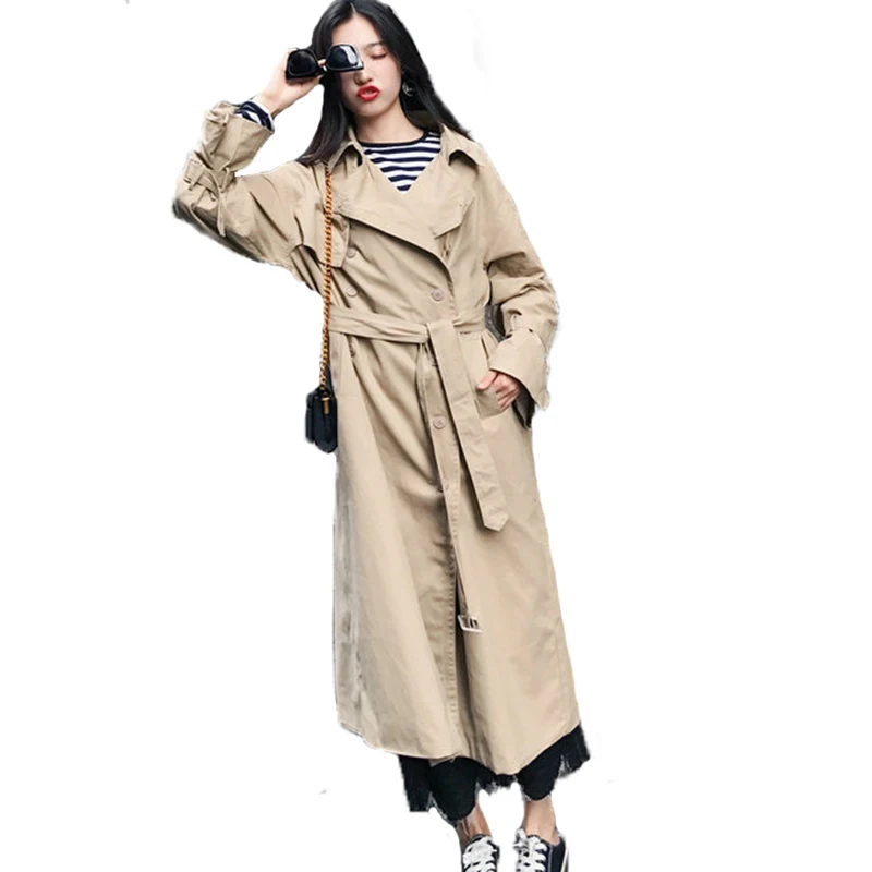 

Spring Autumn Fashion Casual Women's Khaki Trench Coat 2018 New Long Outerwear Slim Turn-down Collar Clothes For Lady With Belt