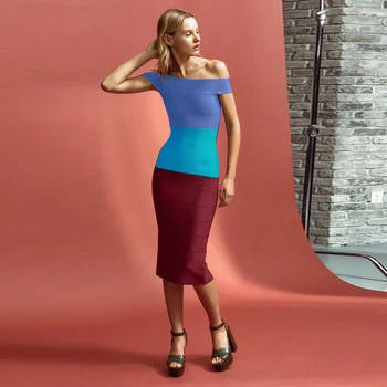 

New Fashion Off the Shoulder Shoulder Sexy Patchwork Rayon Bandage Dress Women Vestidos Designer Knee Length Party Dresses