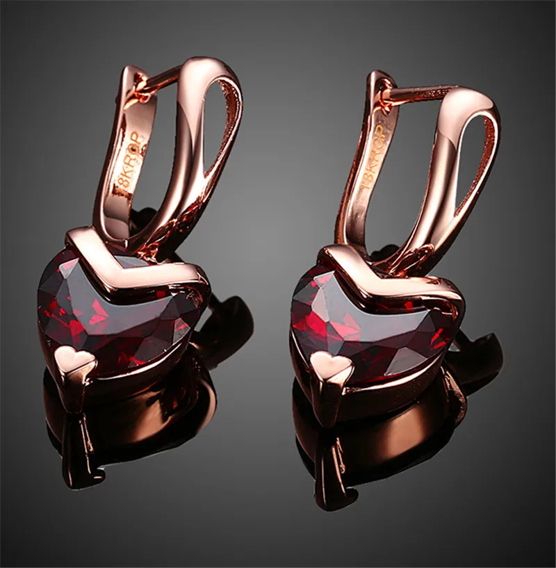 

Luxury Red Crystal Bridal Earrings For Women Rose Gold Color Heart Teardrop Big Wedding Earrings Wedding Christmas Jewelry