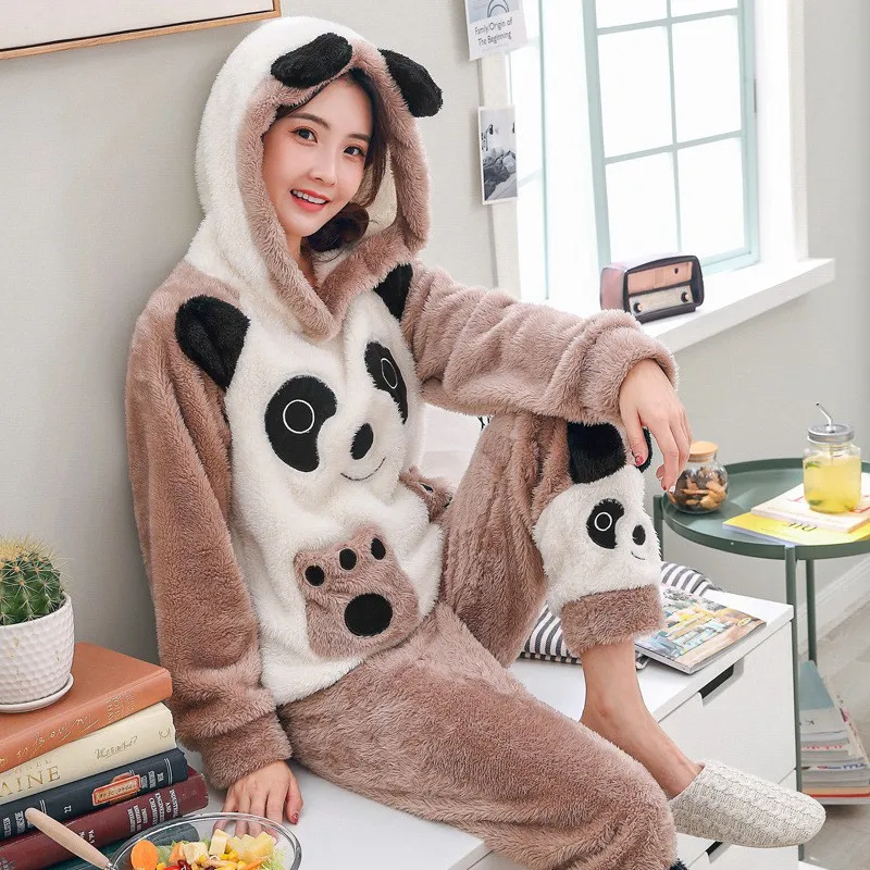 

JINUO New Arrival 22 Styles Cute Panda Cartoon Women Winter Plush Pajama Sets Young Ladies Warm Lovely Soft Home Wear Sleepwear