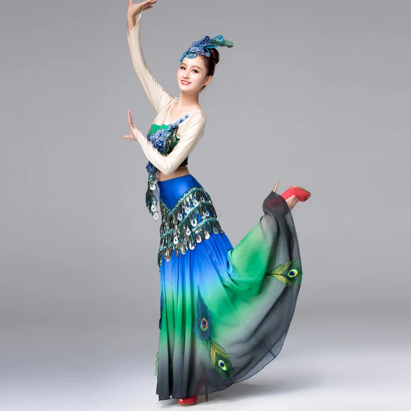 Дай танцевальный костюм для осмотра платье для сцены костюм павлина Китайский народный танец костюмы для женщин